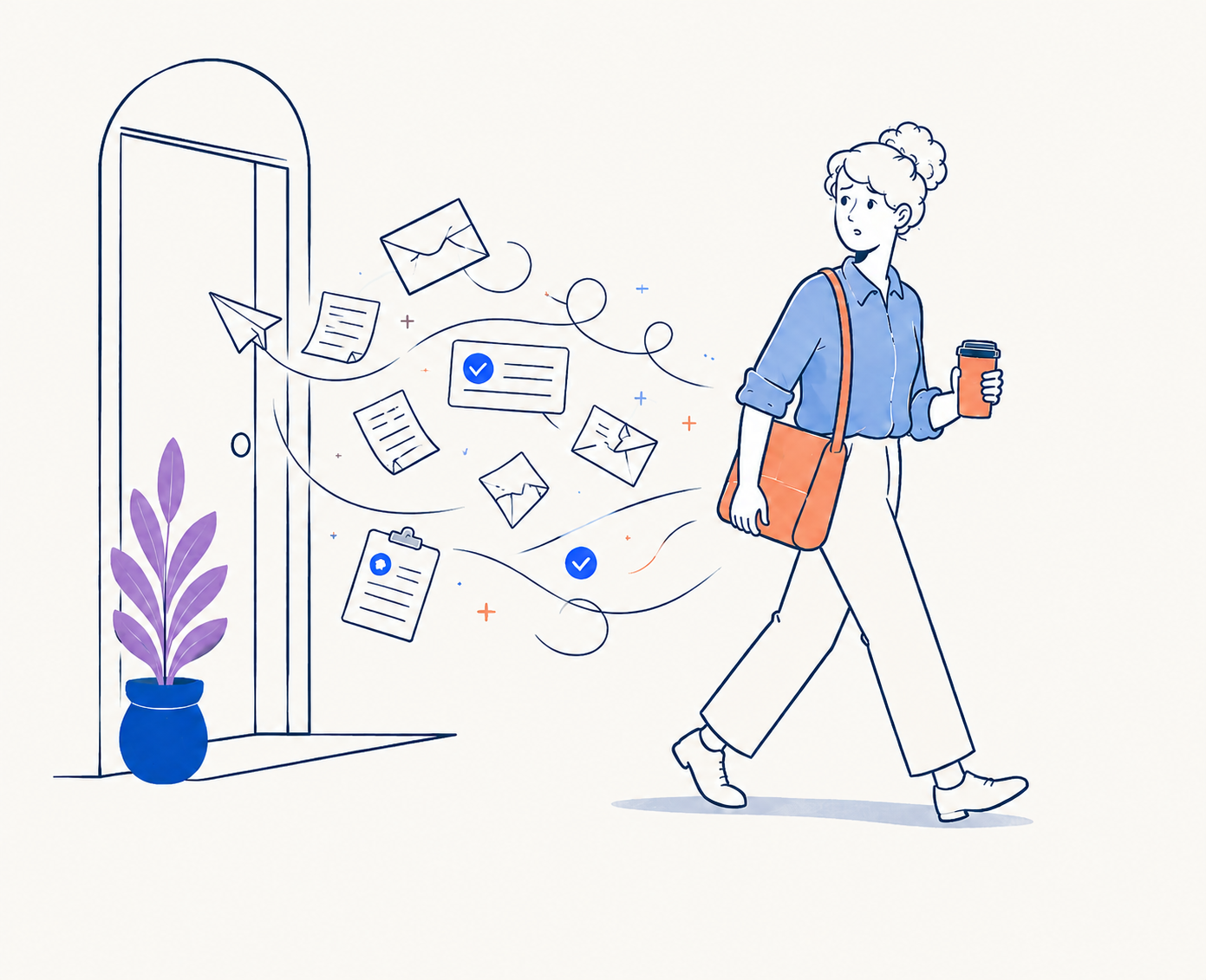 Illustration of a practitioner walking away from a door with paperwork and documents trailing behind her.